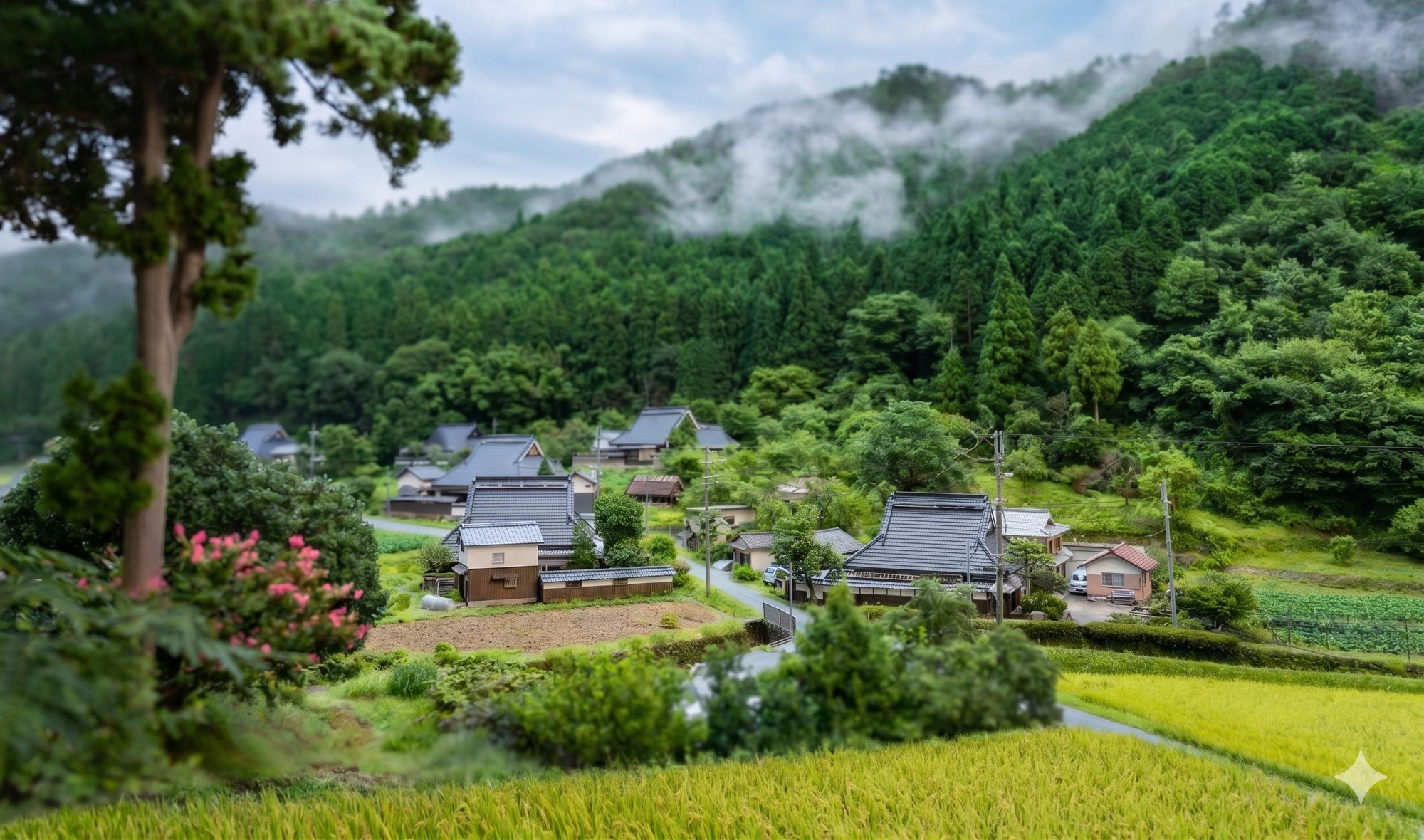 日本の山里と稲穂、伝統的な集落（NOTEが手渡す暮らし文化の景観）